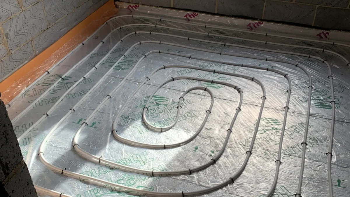 Underfloor heating pipes installed in spiral pattern in Great Moulton bungalow