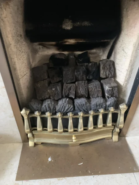 Gas fire in Wymondham showing heavy sooting caused by blocked air vent