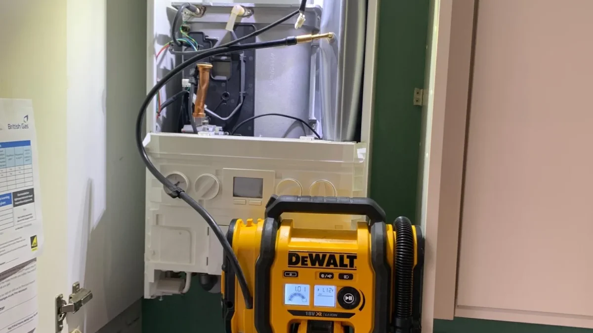 Ideal Logic combi boiler service Attleborough Norfolk with DeWalt vacuum equipment
